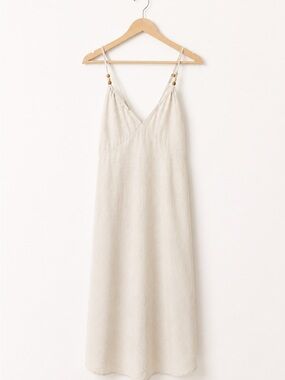 Japna XS Ivory Linen Blend Strappy Maxi Dress Beaded Boho Coastal